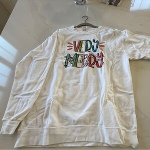 Teacher shirt White Crewneck Sweatshirt with Colorful 'Very Merry' Graphic